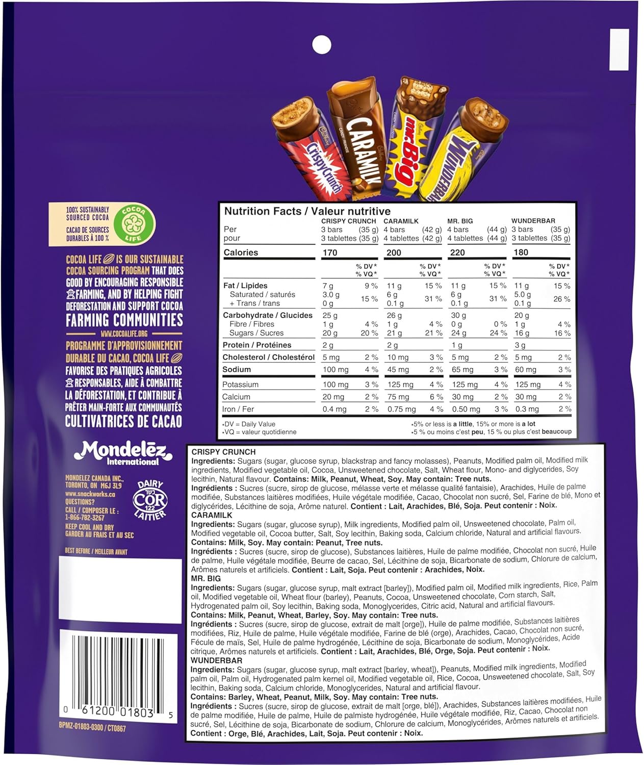 Back view of Cadbury Favorites 27 Mini Chocolate Bars, Snack-Size Variety Pack - 300g/10.5 oz with product images, nutrition facts, and branding on a purple background.