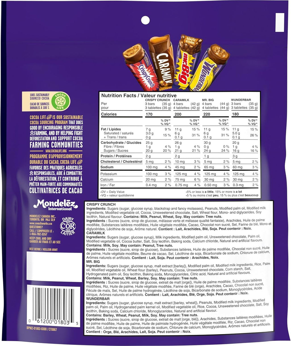 Back view of Cadbury Favorites 27 Mini Chocolate Bars, Snack-Size Variety Pack - 300g/10.5 oz with product images, nutrition facts, and branding on a purple background.