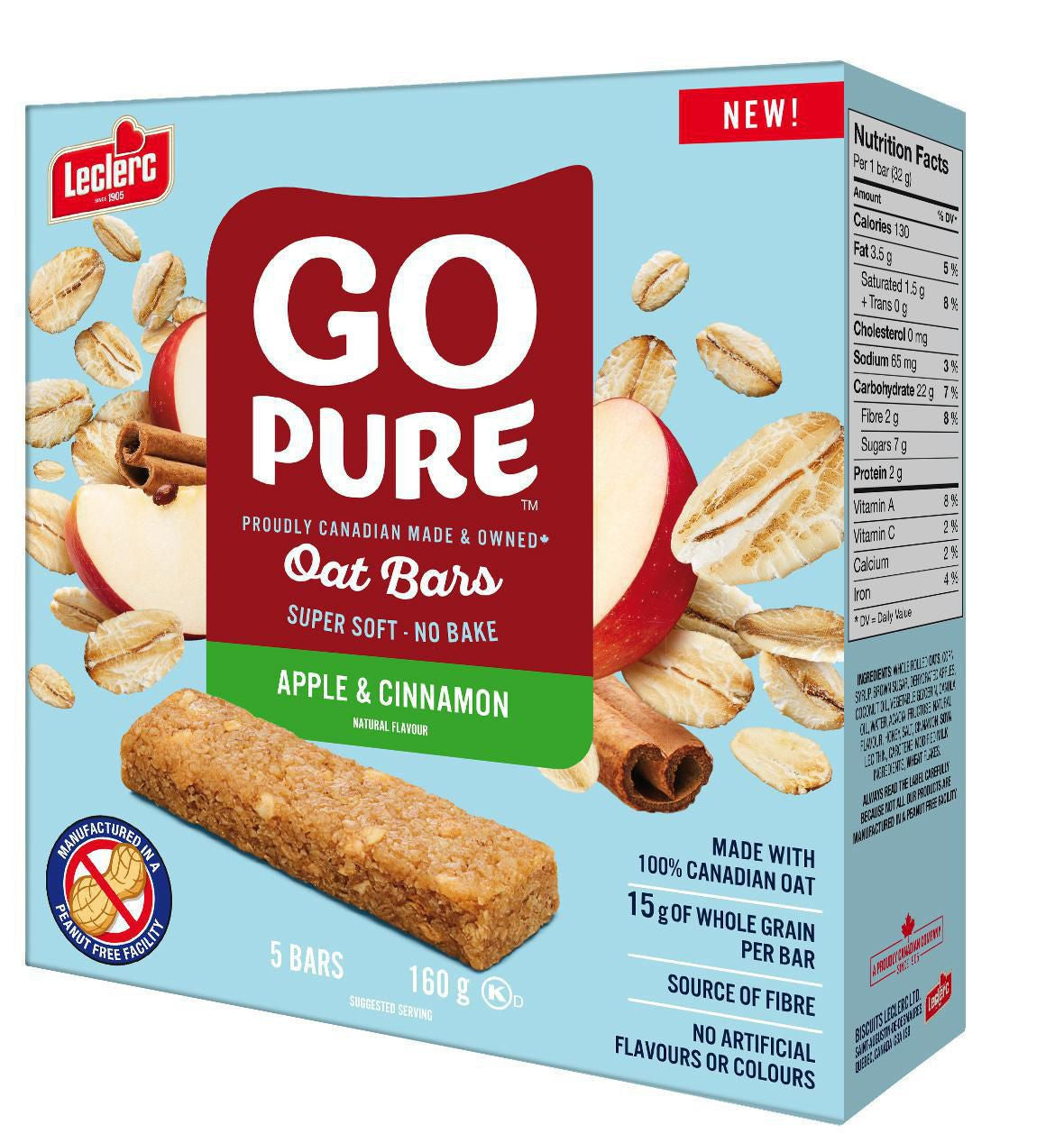 Leclerc Go Pure, Apple & Cinnamon Oat Bars, 5ct, 160g/5.6 oz., {Imported from Canada}