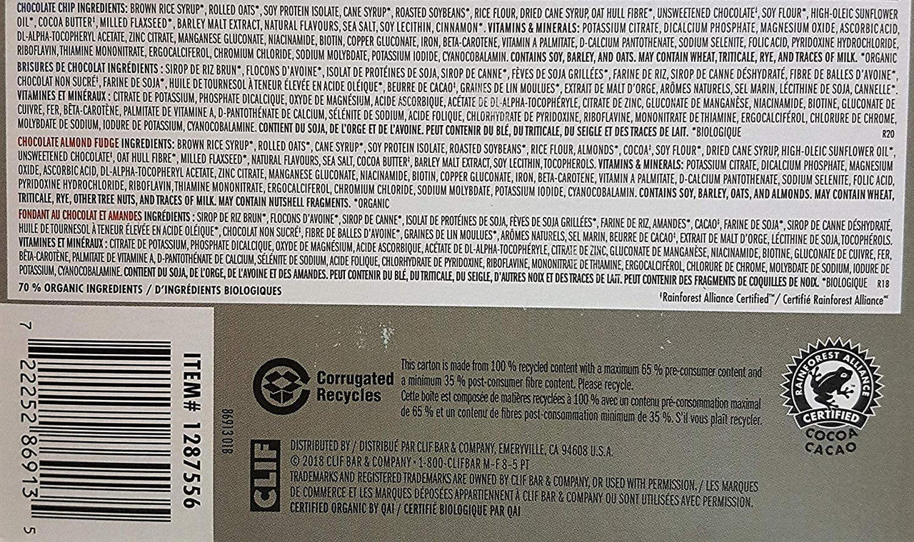 Clif Nutritional Supplement Energy Bars, 22 x 68 Grams : 11 Chocolate Chip and 11 Chocolate Almond Fudge {Imported from Canada}