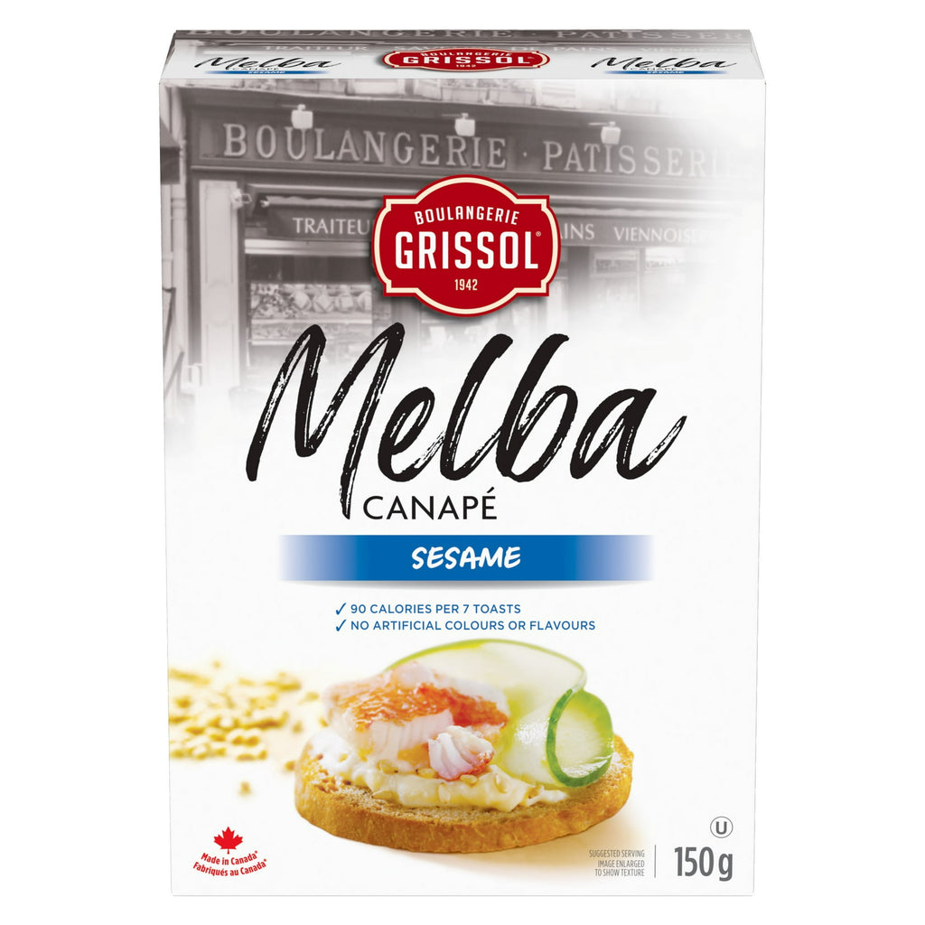 Boulangerie Grissol Melba Canape, Sesame, 150g, front of box.