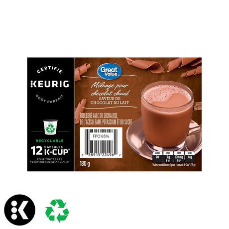 Great Value Hot Cocoa Mix Milk Chocolate Flavour (12) K Cups {Imported from Canada}