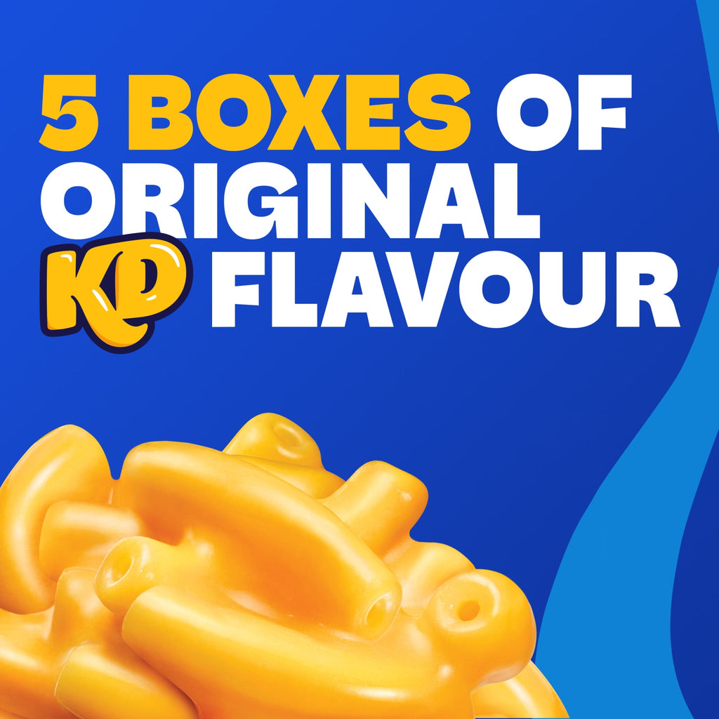 Promotional graphic for 5 boxes of Original KD Flavour with yellow macaroni on a blue background.