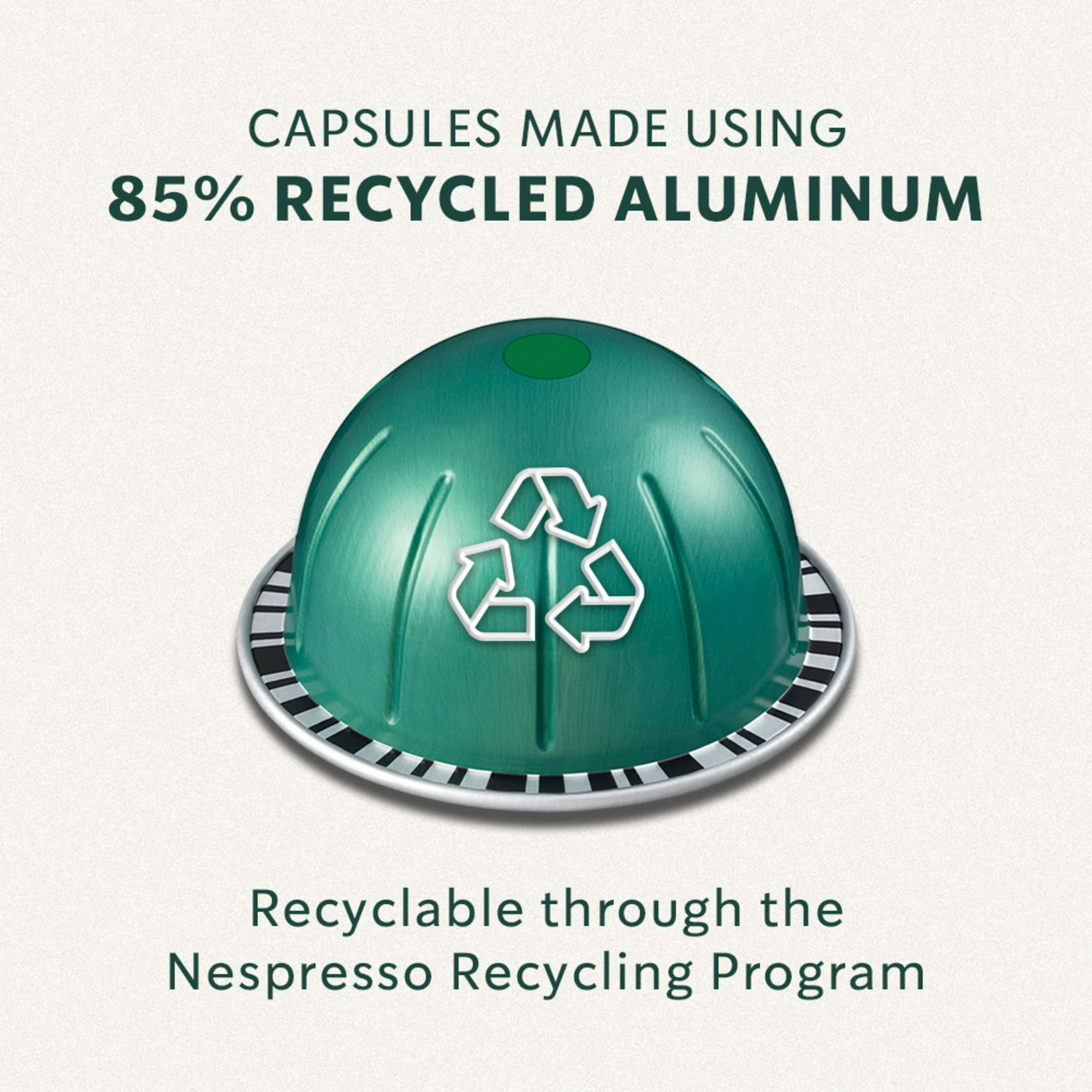 Green Nespresso capsule with recycling symbol on a white background, text about recycled aluminum and recycling program.