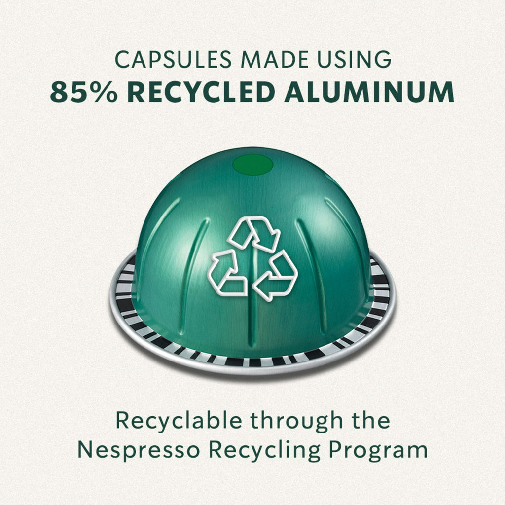 Green Nespresso capsule with recycling symbol on a white background, text about recycled aluminum and recycling program.