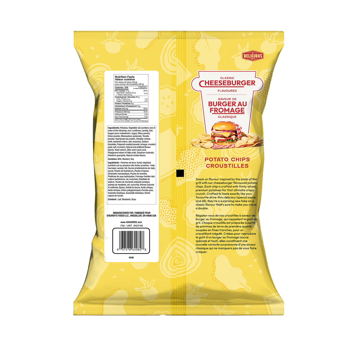 Shearers Cheeseburger Potato Chips, 624g/1.4 lb., back of bag