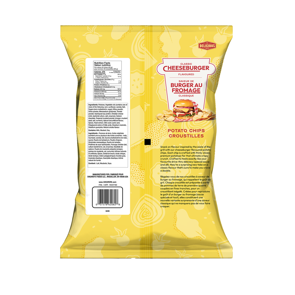 Shearers Cheeseburger Potato Chips, 624g/1.4 lb., back of bag