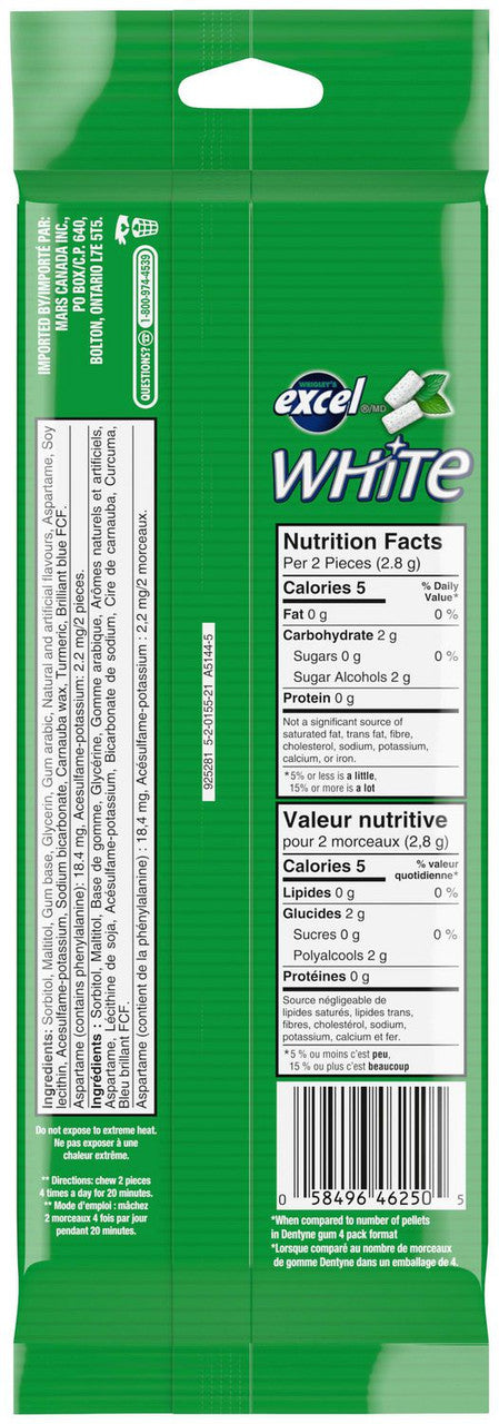 Excel White Sugar-Free Gum, Spearmint, 3-Pack x 18 pieces, 54 pieces total {Imported from Canada}