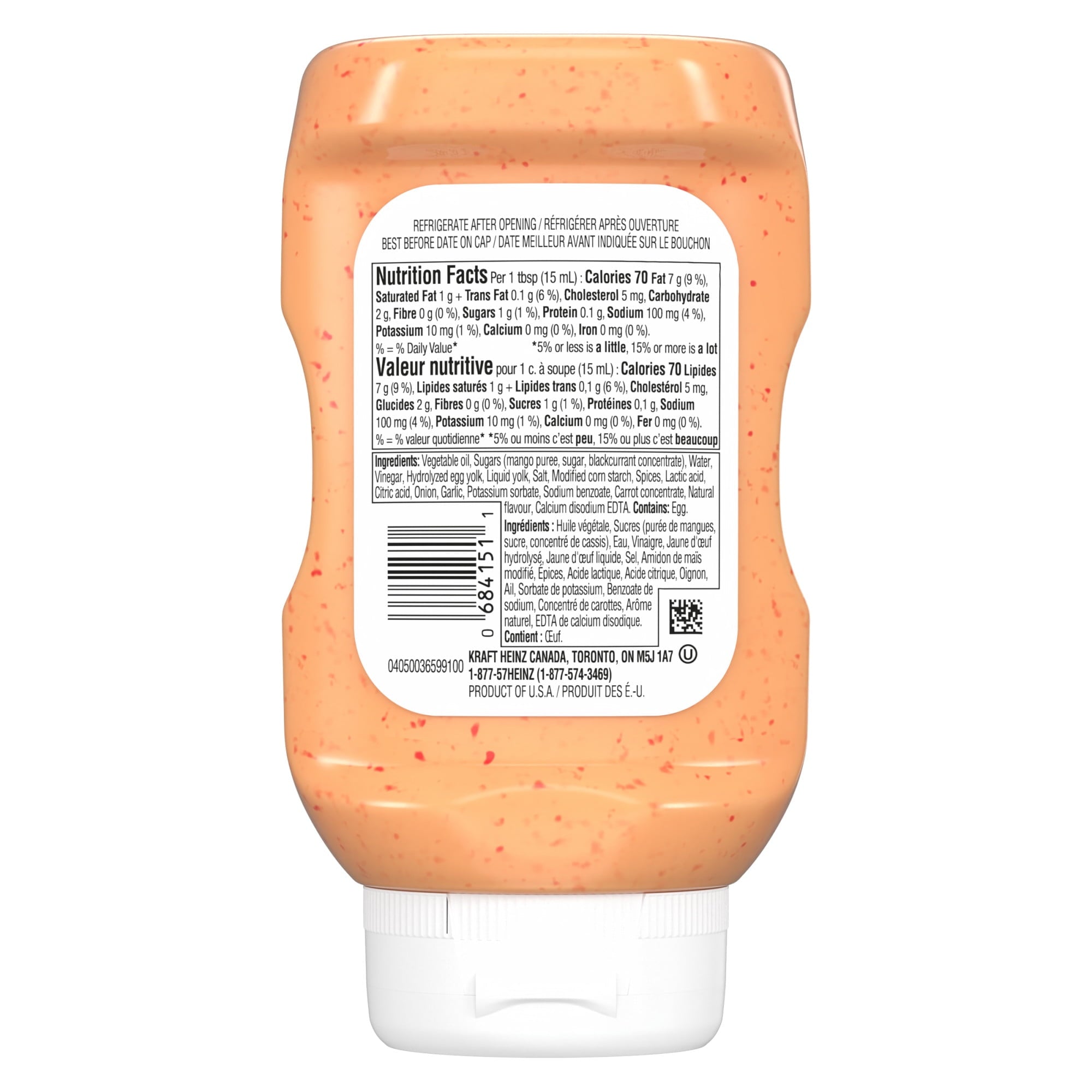 Back of Heinz Mango Habanero Mayonnaise Sauce, 340ml/11.9 oz on a white background.