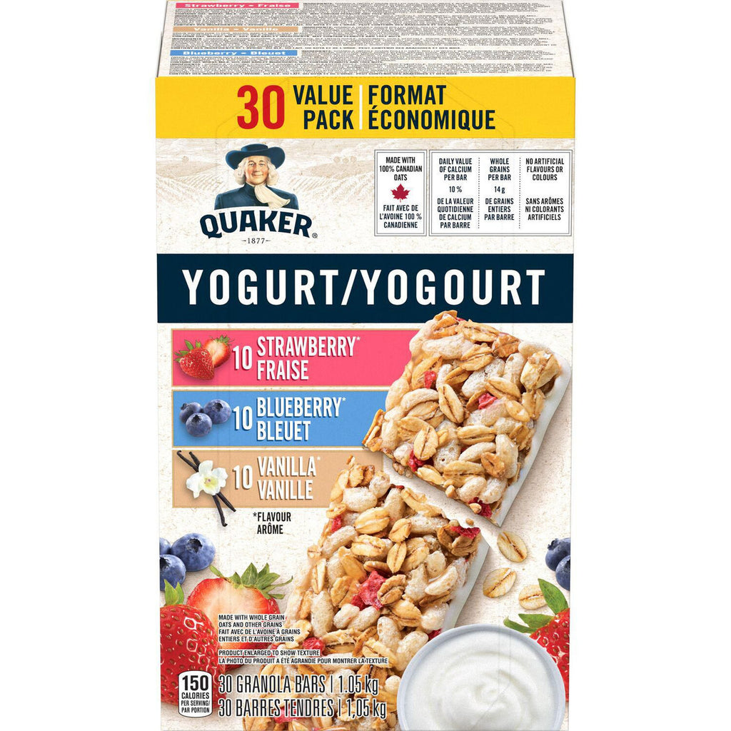 Quaker Yogurt Granola Bars, Strawberry, Vanilla, & Blueberry Variety Pack, 30-count, 1.05kg/2.3 lbs. Box {Imported from Canada}