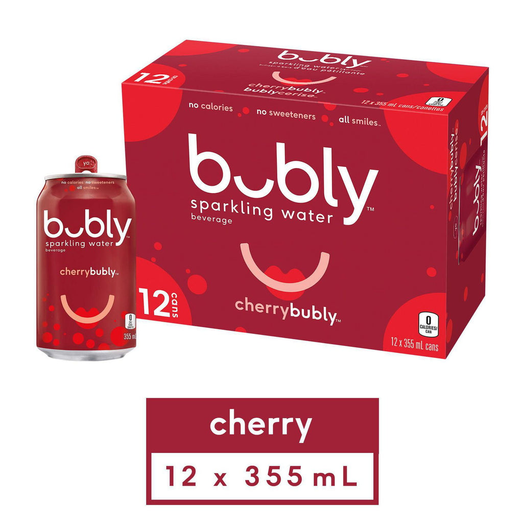 Bubly Cherry Sparkling Water Beverage, 12x355ml cans, 4.26L/144 oz., front of package.