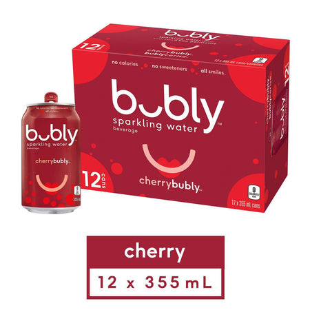 Bubly Cherry Sparkling Water Beverage, 12x355ml cans, 4.26L/144 oz., front of package.