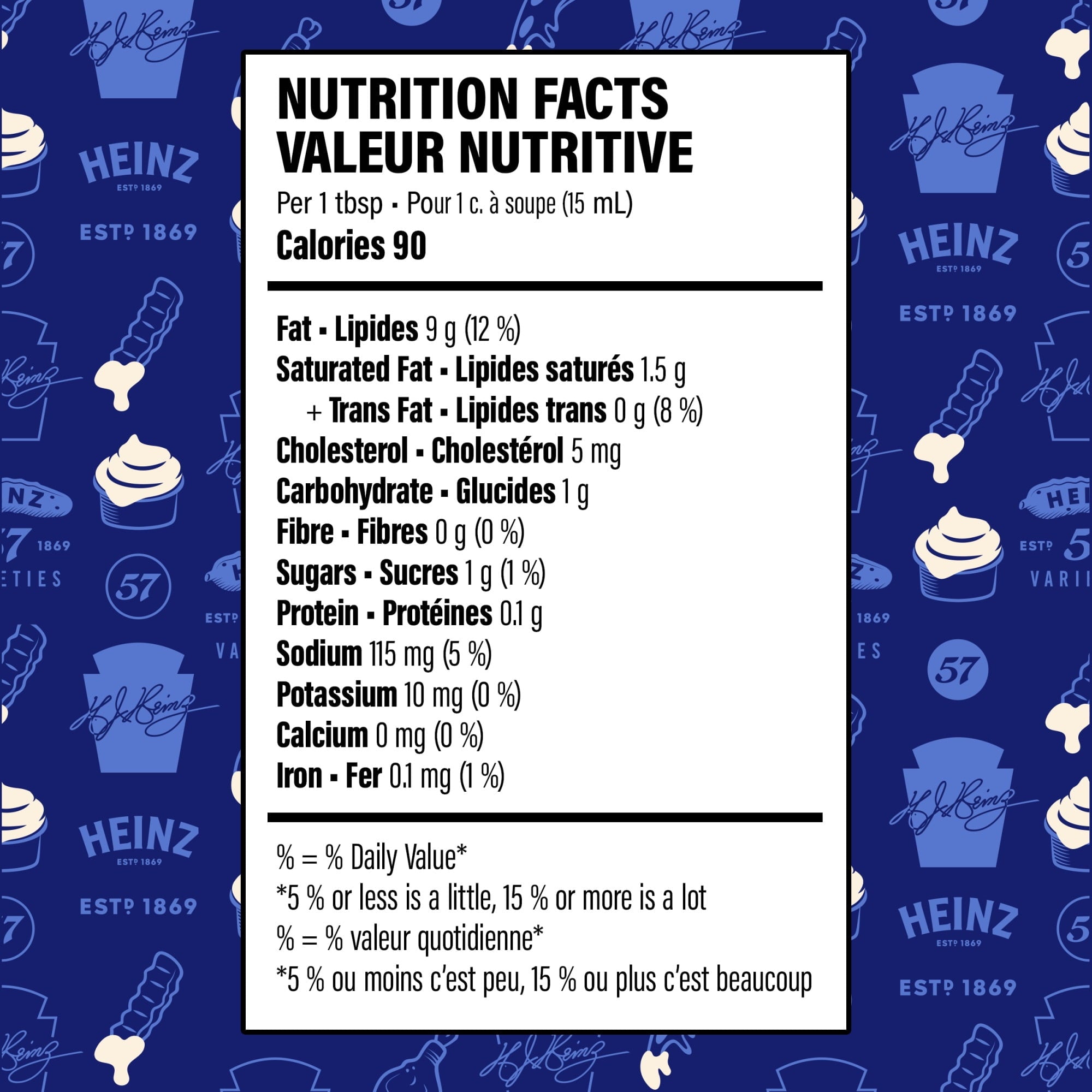 Nutrition facts label for Heinz Sriracha Mayonnaise Sauce 340ml on a blue background with brand logo.