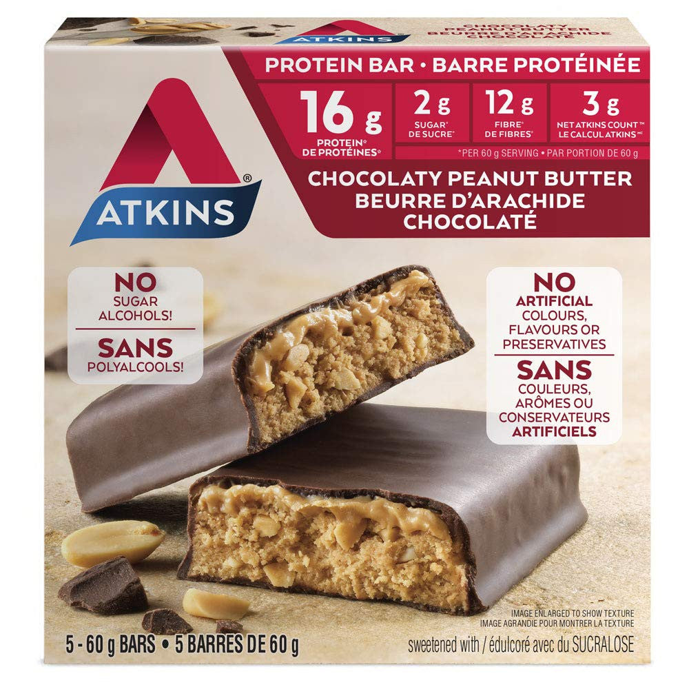 Atkins Protein Bars, Chocolaty Peanut Butter, 2g Sugar, 5-Count, {Imported from Canada}