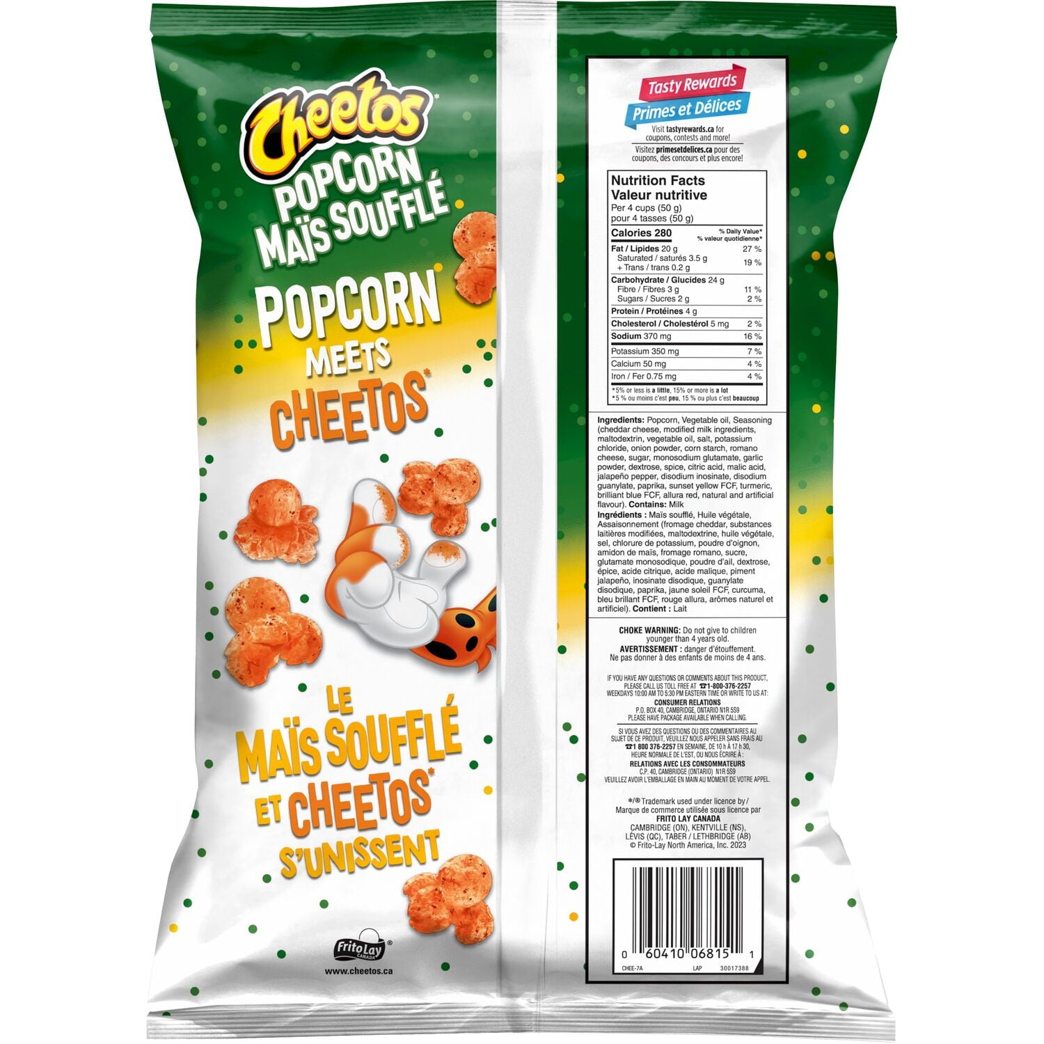 Cheetos Popcorn Cheddar Jalapeno Flavor, 180g/6.3 oz., Bag, back of bag