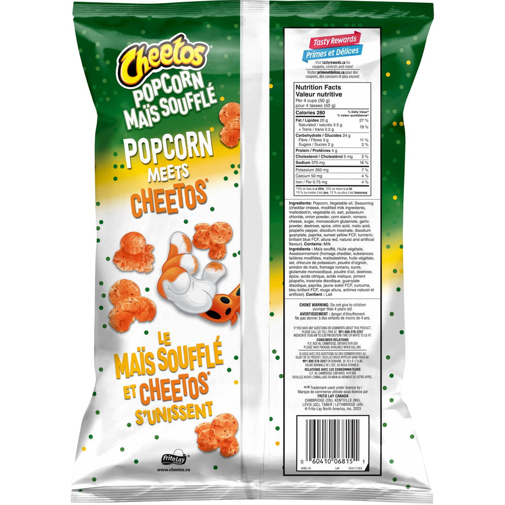 Cheetos Popcorn Cheddar Jalapeno Flavor, 180g/6.3 oz., Bag, back of bag