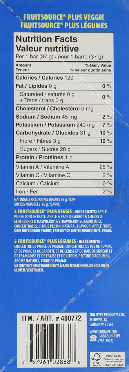 Sunrype Fruitsource 100% Fruit Bar,  30ct X 37g Bars, 4 Flavours, (Imported from Canada)