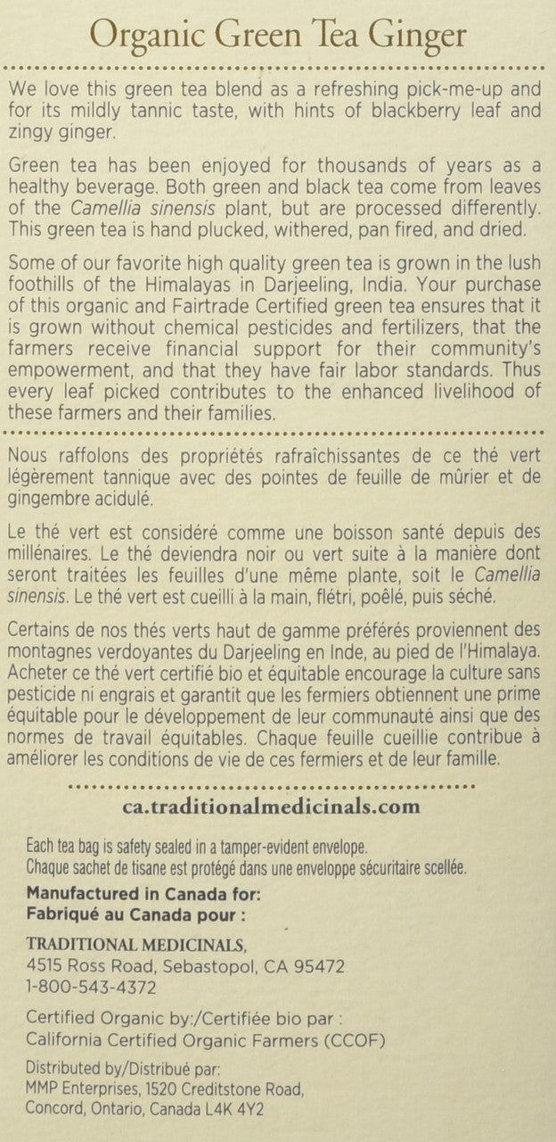 Traditional medicinals organic green tea ginger,  (20ct) {Imported from Canada}