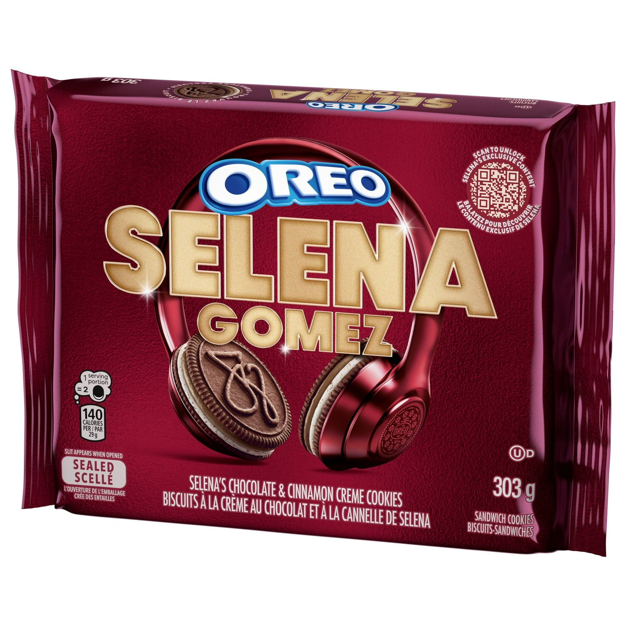 Oreo SELENA GOMEZ Chocolate & Cinnamon Creme Sandwich Cookies, 303g/10.6 oz - OREO Selena Gomez cookie package with maroon background