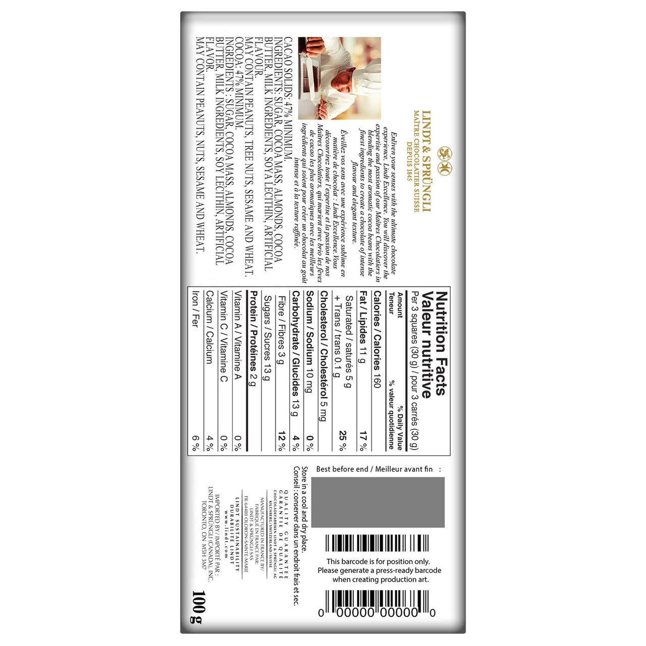 Lindt Excellence Roasted Almonds Dark Chocolate Bar, 100g/3.5 oz. {Imported from Canada}