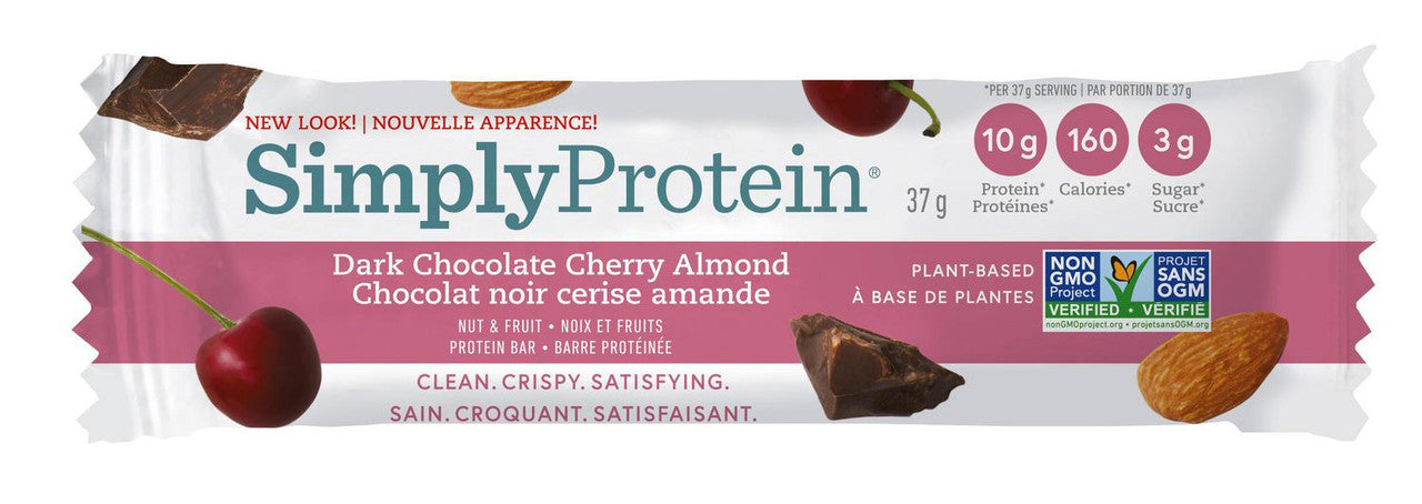 Simply Protein Dark Chocolate Cherry Almond Nut & Fruit Bars 5 x 37g Box, {Imported from Canada}