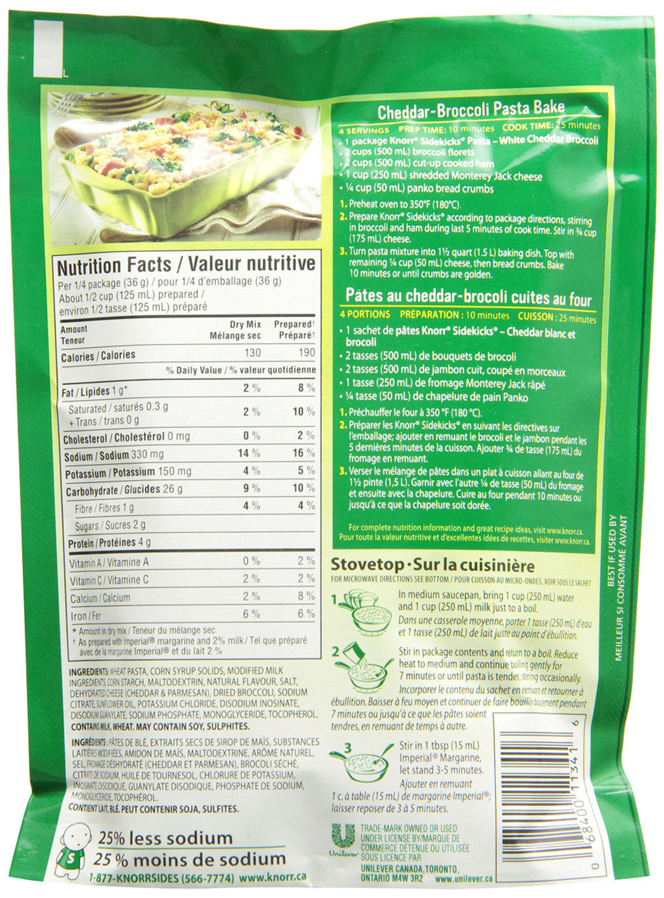 Knorr Sidekicks, White Cheddar & Broccoli, Pasta Side Dish, 143g/5oz., (2 pack) {Imported from Canada}
