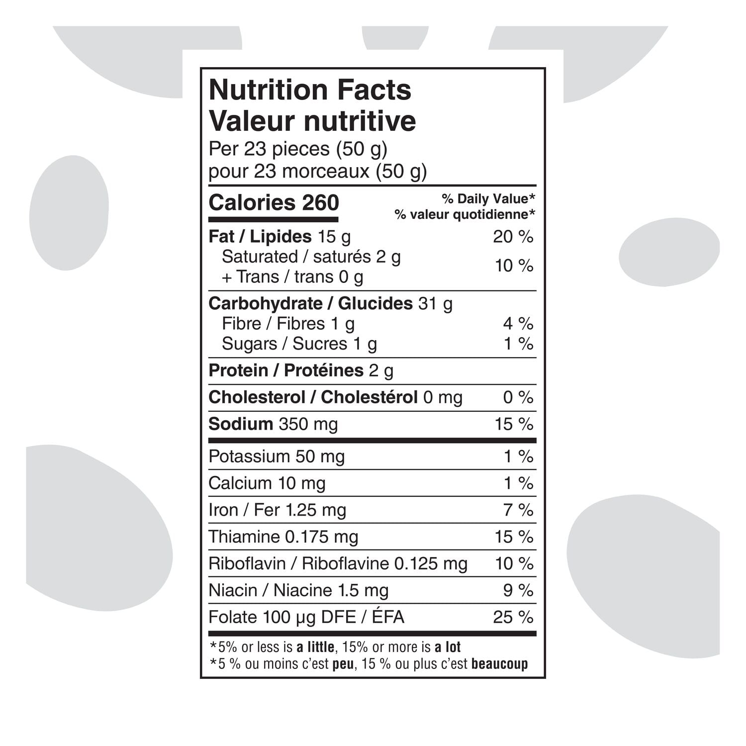 Nutrition facts label for Cheetos Vegan White Cheddar Flavored Corn Snacks, 230g/8.1 oz on a white background with gray abstract shapes.