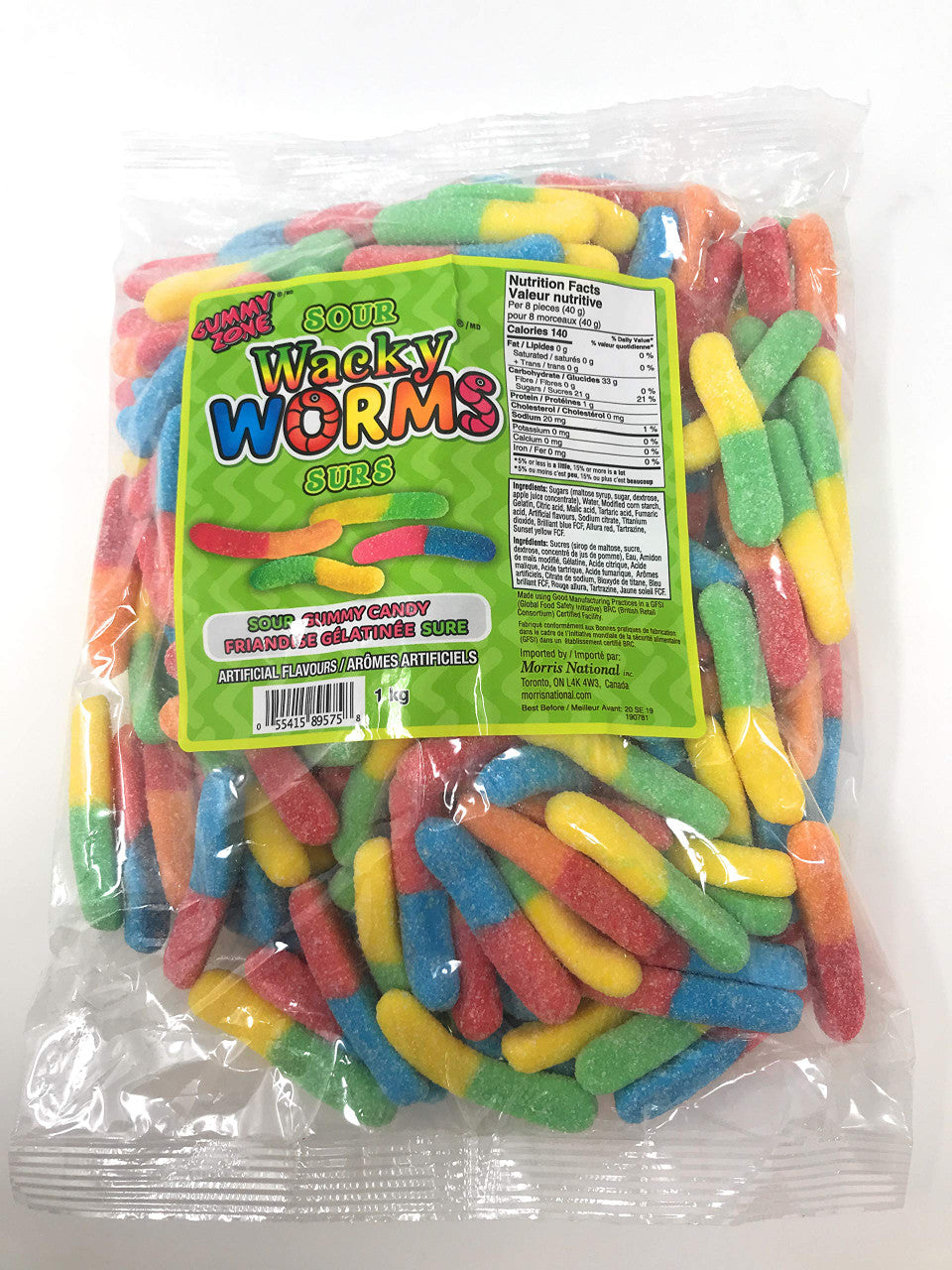 Gummy Zone Sour Neon Wacky Worms, 1kg/2.2lbs, Bag, {Imported from Canada}