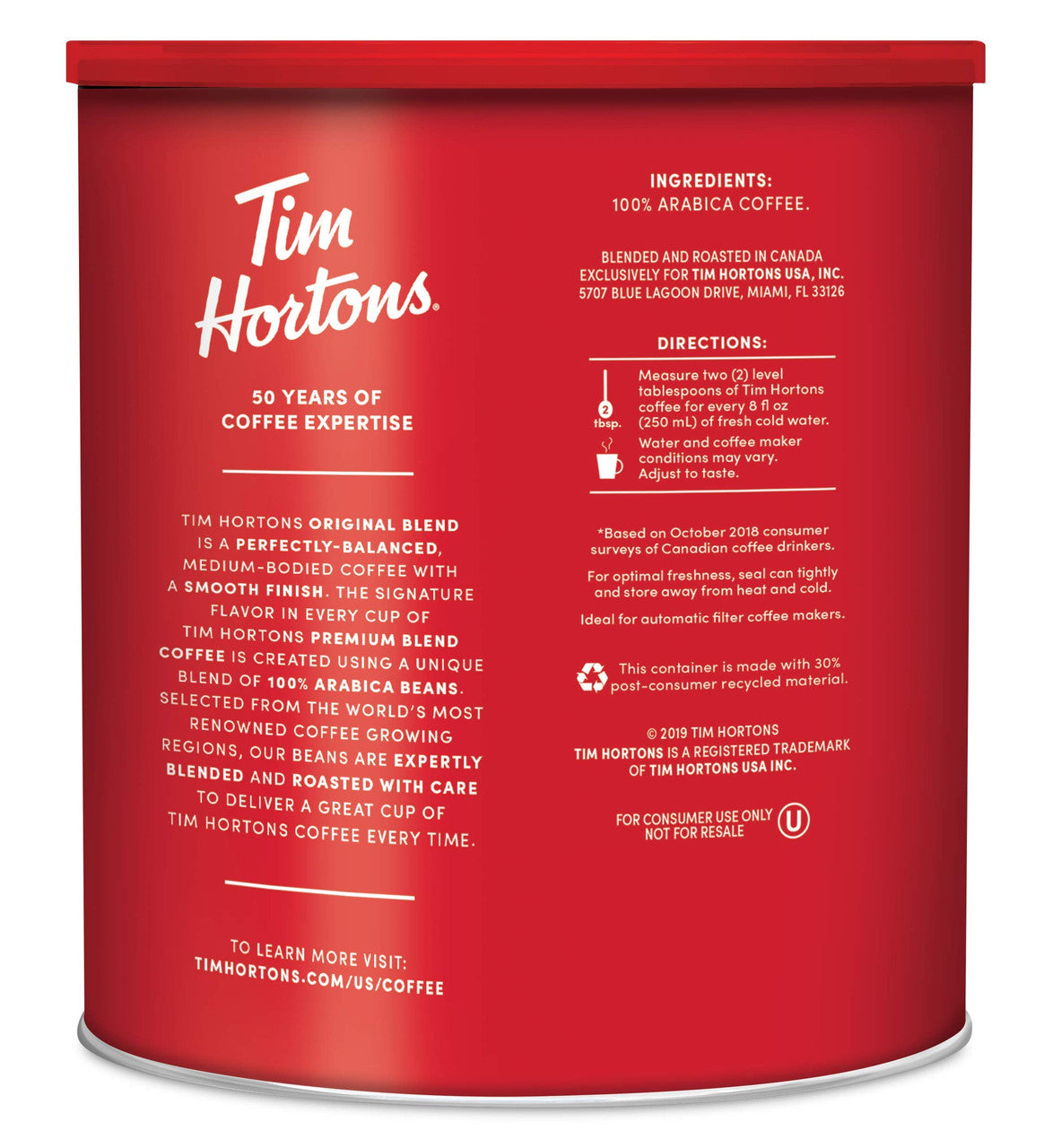 Tim Hortons Original Blend, Medium Roast Coffee, 100% Arabica, 1.36kg/3 lbs. {Imported from Canada}