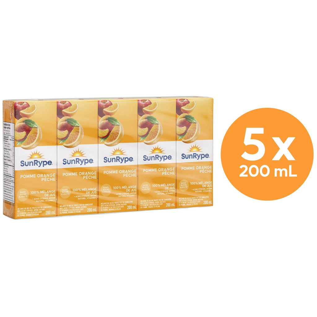 SunRype Apple Orange Peach Juice Boxes Perfect for On-The-Go, 5x200ml, 1L/33.8 fl. oz. - Back Of Pack