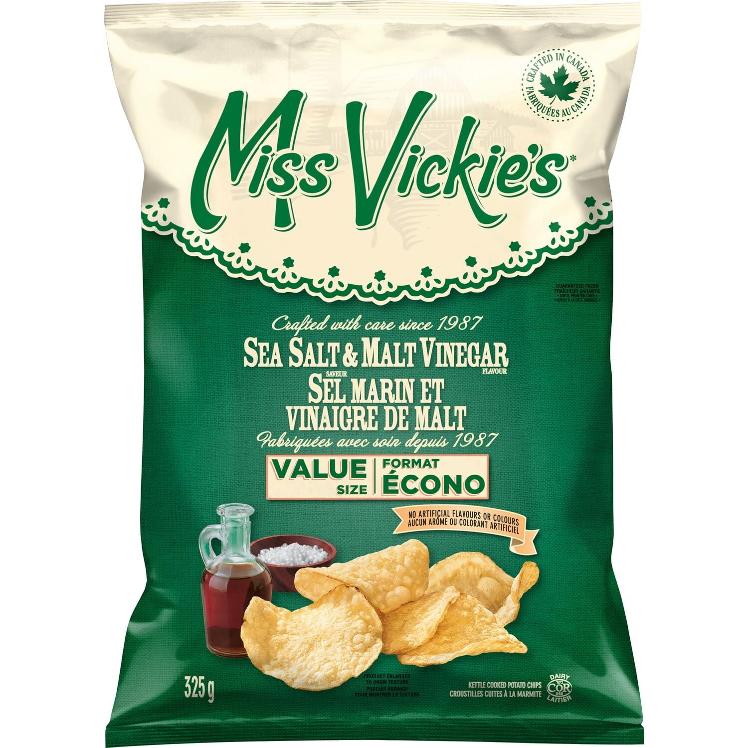 Miss Vickie's Sea Salt & Malt Vinegar Potato Chips, 325g/11.4 oz - Front