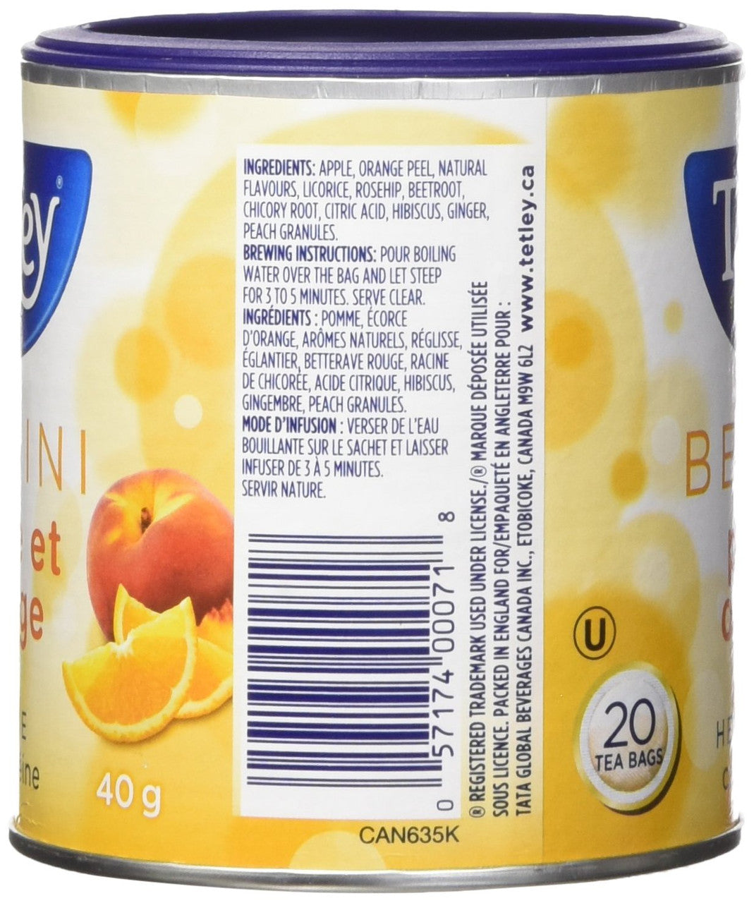 Tetley Bellini Peach Orange Herbal Tea Caffeine Free 20 Round Tea Bags