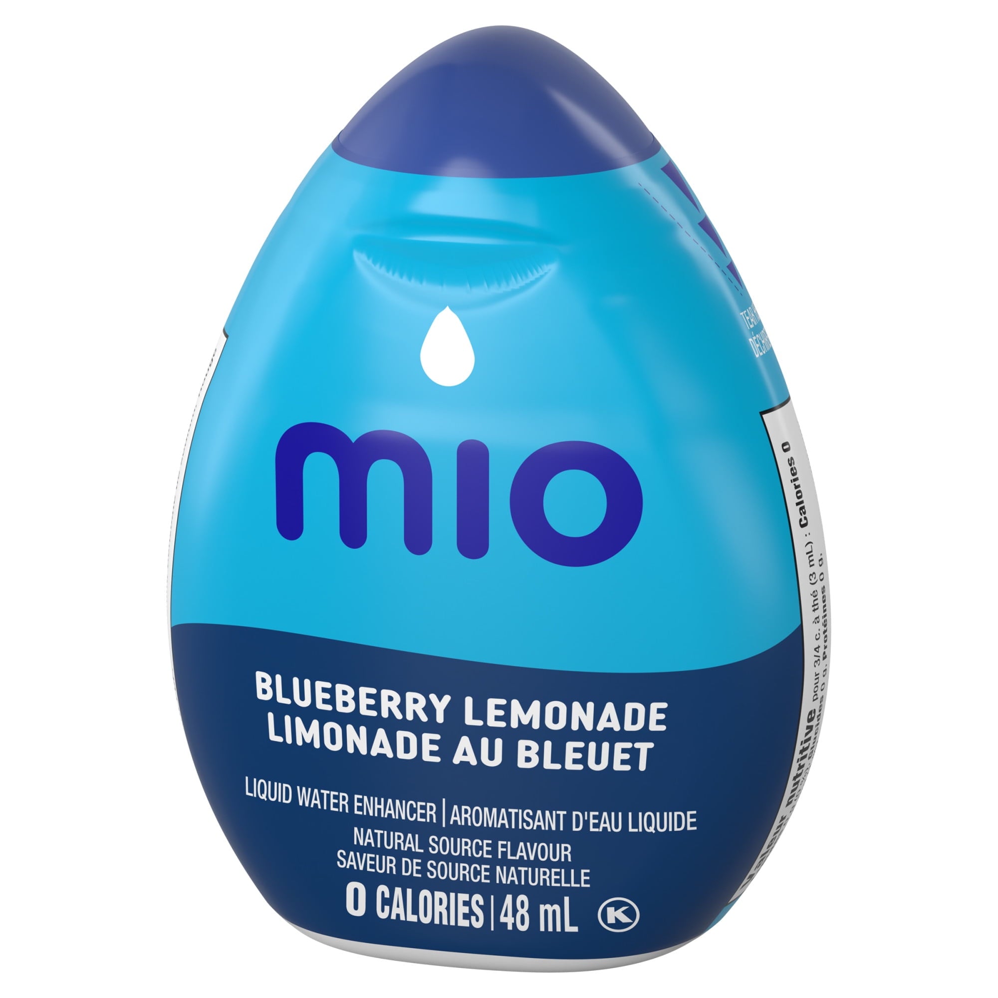 Blue and purple bottle of mio Blueberry Lemonade on a white background