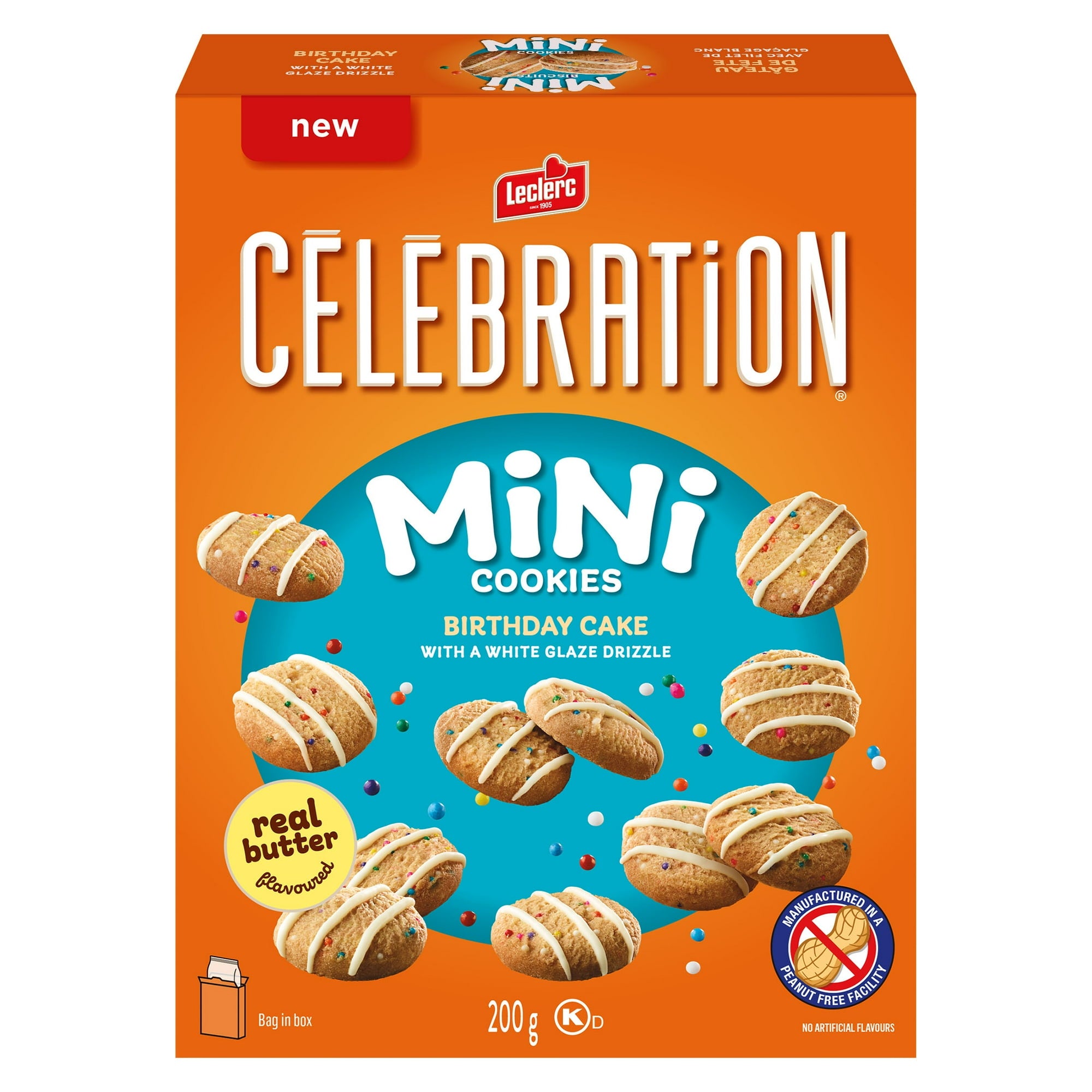 Box of Leclerc Celebration Mini Cookies with orange and blue design