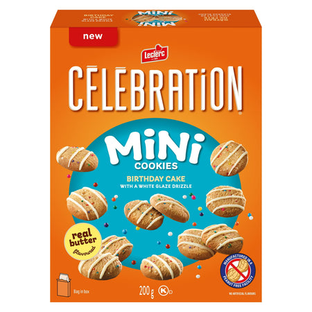 Box of Leclerc Celebration Mini Cookies with orange and blue design