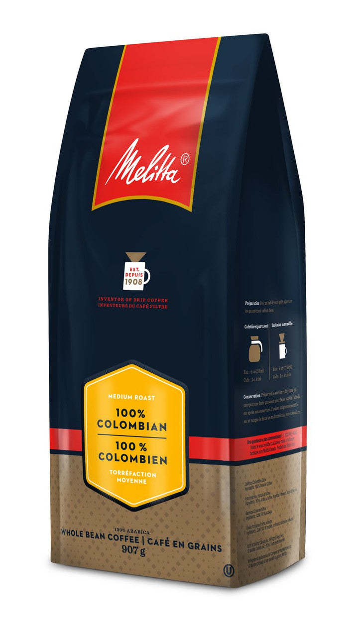 Melitta 100% Colombian Whole Bean Coffee, 907g/32oz., Bag, {Imported from Canada}