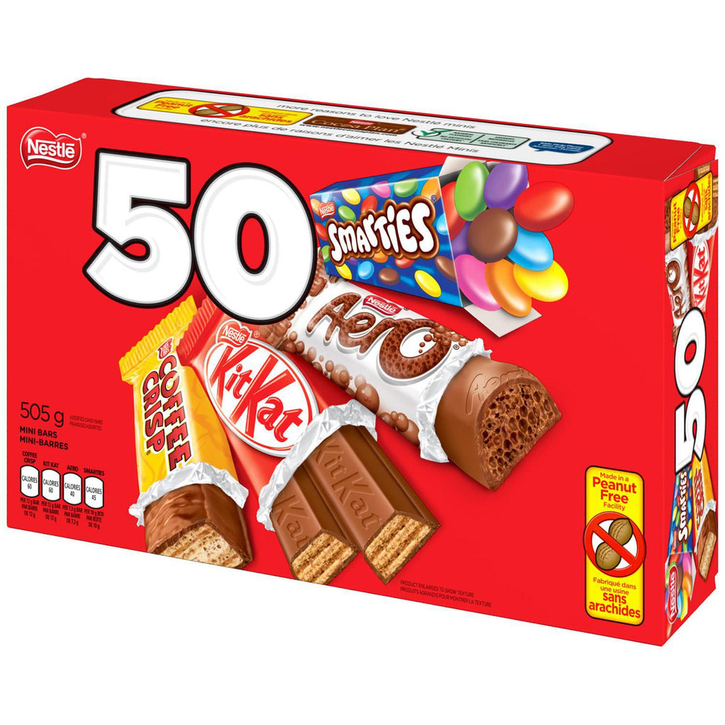 Nestle Mini Assorted Chocolates, Coffee Crisp, Kit Kat, Smarties, Aero, 50ct, Halloween Box, 505g/1.1 lbs. {Imported from Canada}