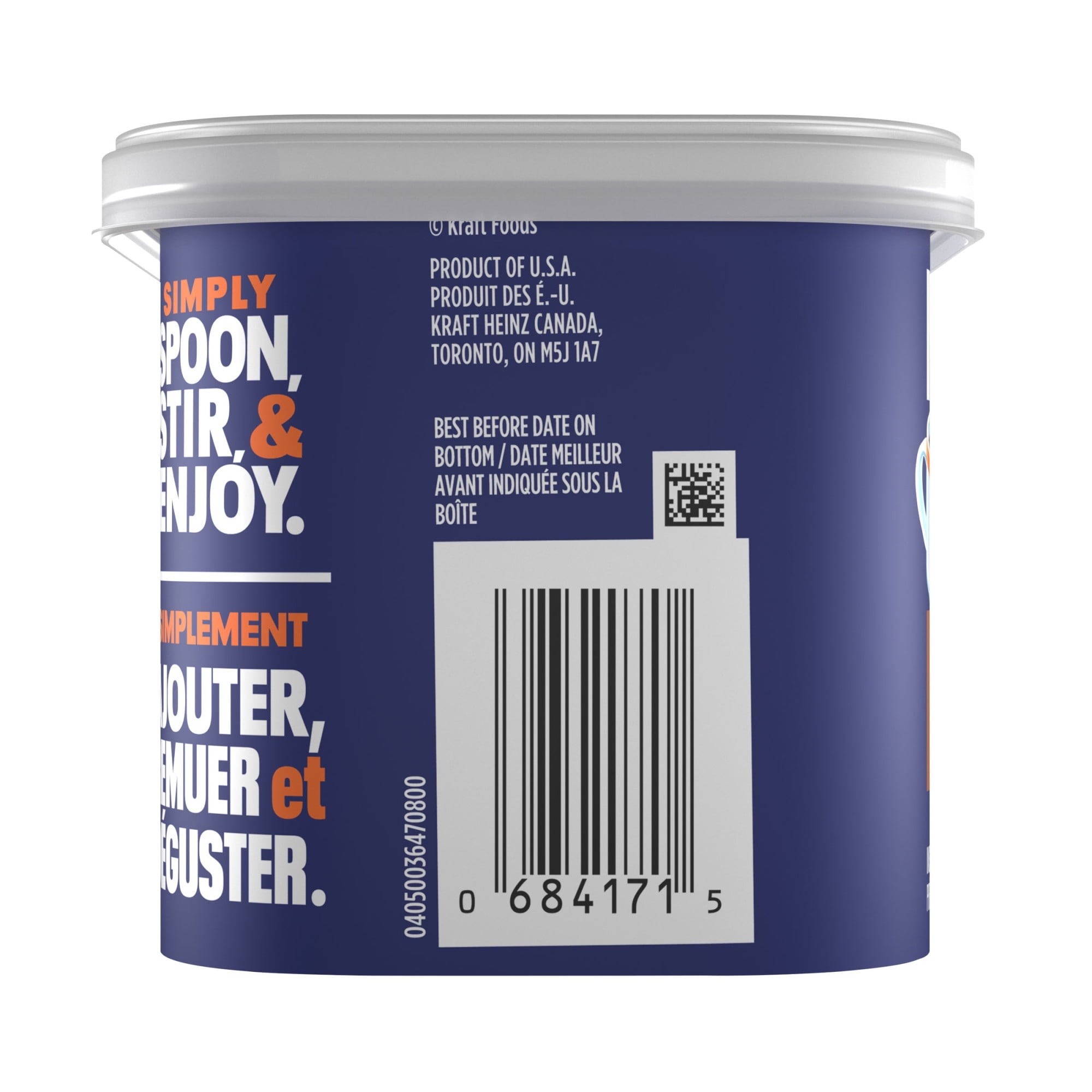Back of a food container of Maxwell House Hazelnut Cafe Instant Coffee Beverage Mix with text and barcode on a white background