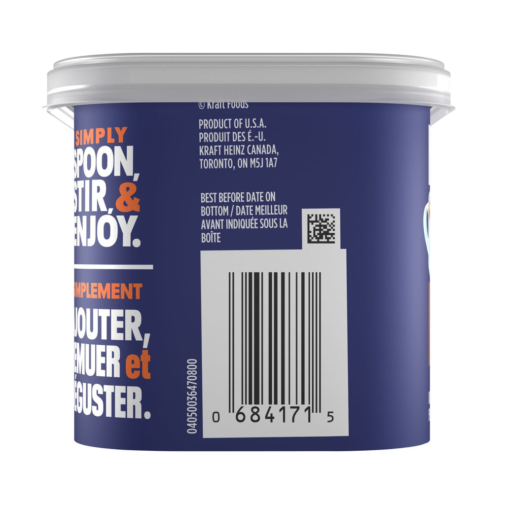 Back of a food container of Maxwell House Hazelnut Cafe Instant Coffee Beverage Mix with text and barcode on a white background
