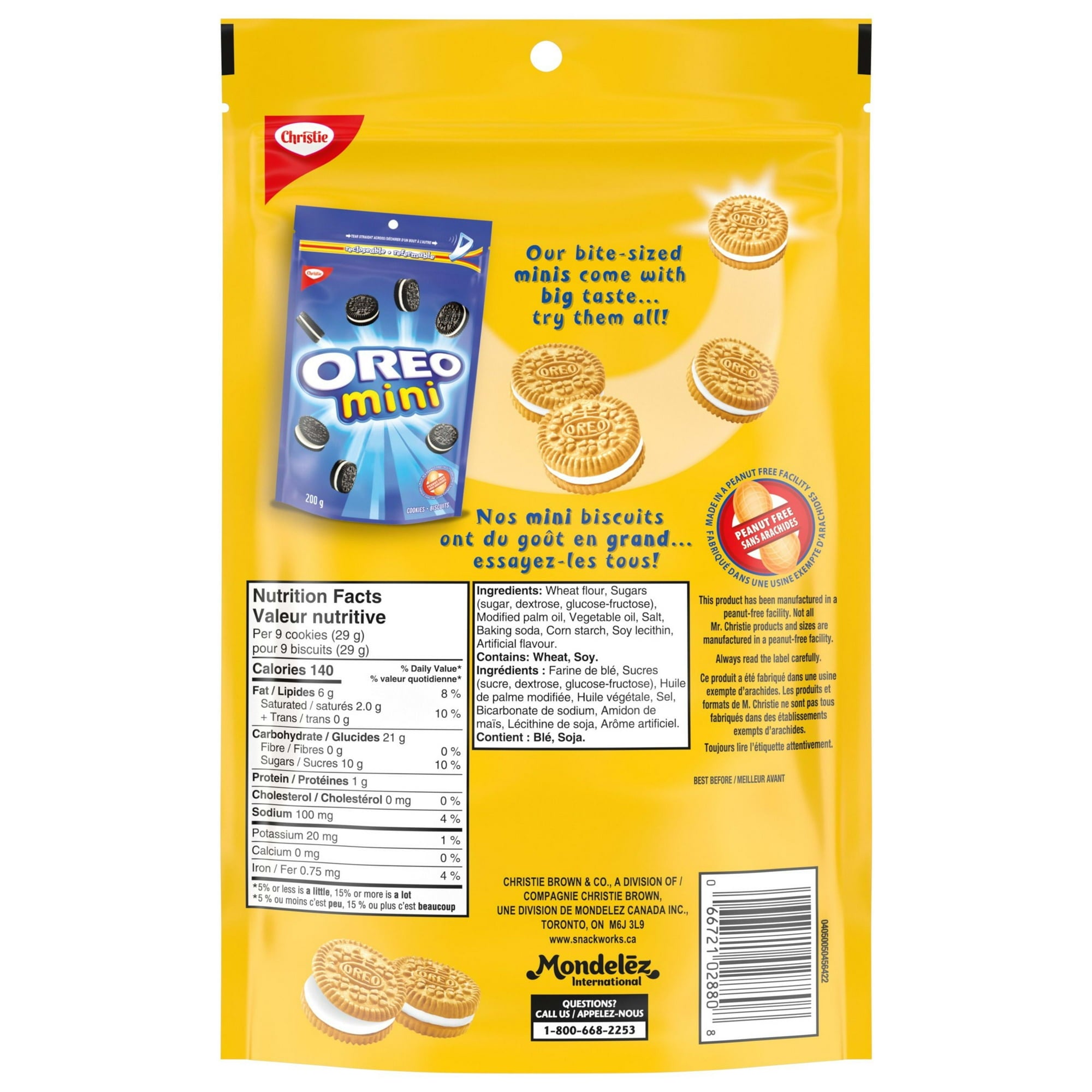 Oreo Golden Mini Dores, Sandwich Cookies, 200g/7.1 oz., Recloseable Bag, back of bag.