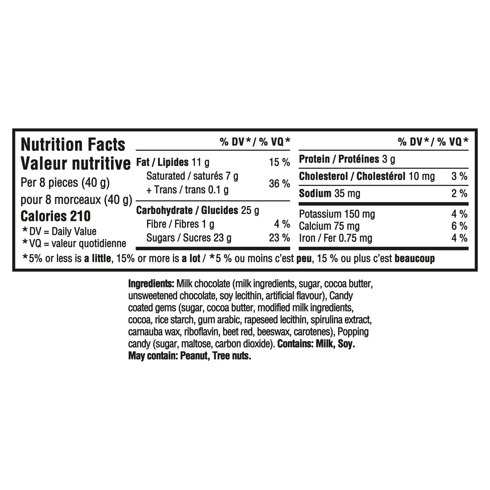 Nutrition facts label for Cadbury Dairy Milk FIREWORKS Milk Chocolate Bar on a white background