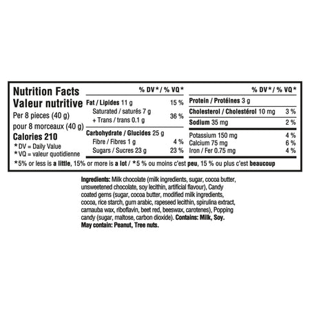 Nutrition facts label for Cadbury Dairy Milk FIREWORKS Milk Chocolate Bar on a white background