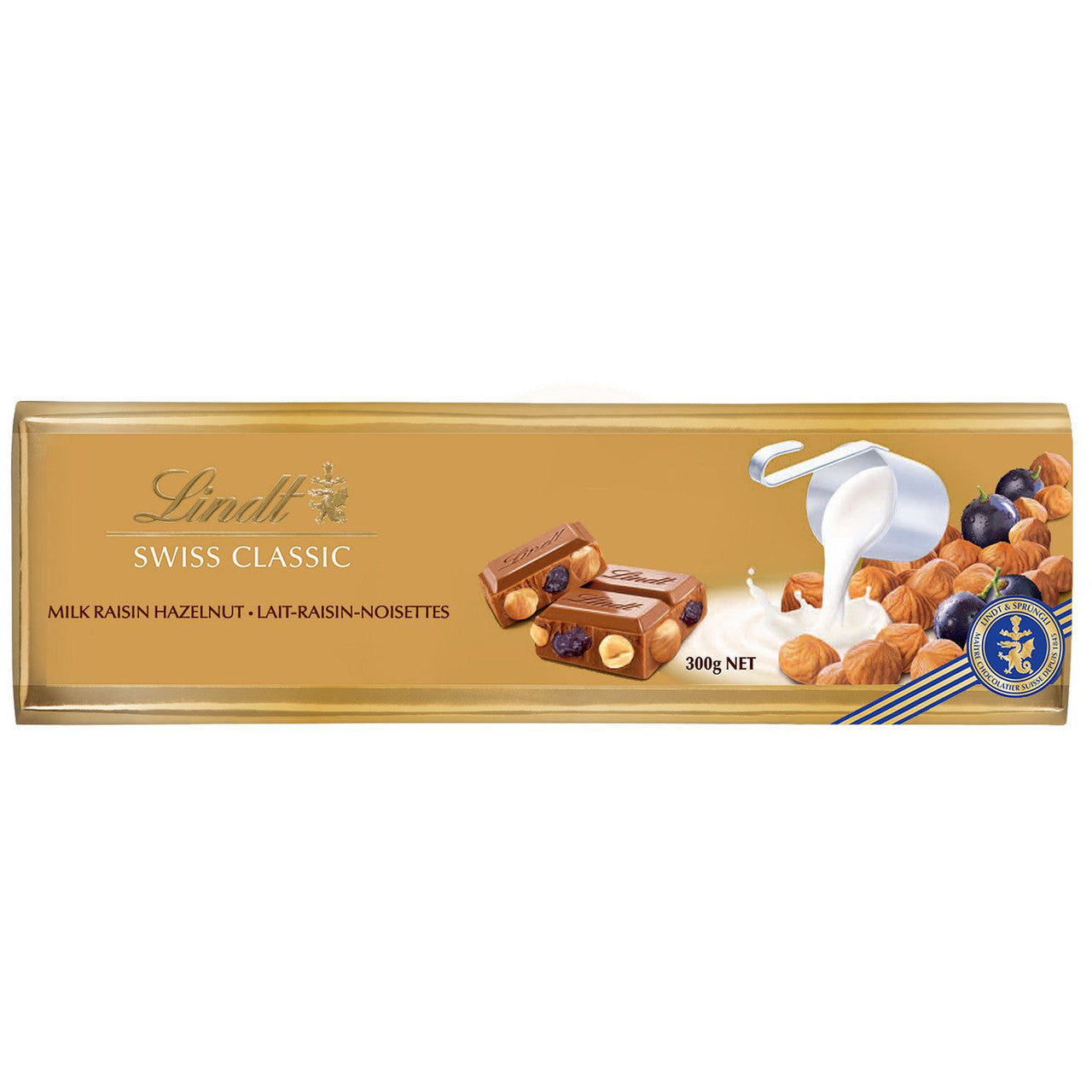 Lindt Swiss Classic Gold Milk Raisin Hazelnut Chocolate Bar, 300g/10.6oz, (Imported from Canada)