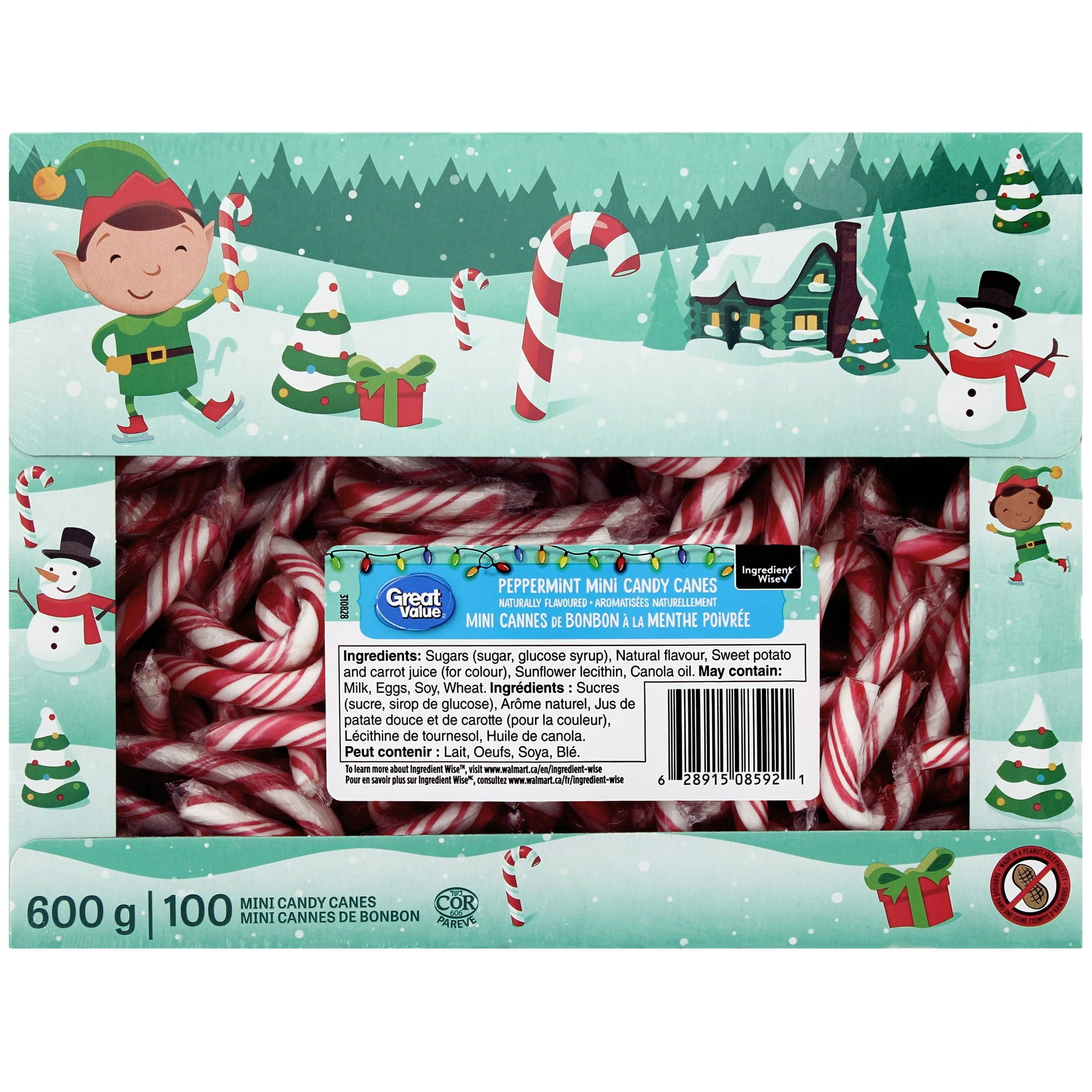 Great Value Naturally Flavored Peppermint Mini Candy Canes, 600g/1.3 lb. Box - Front