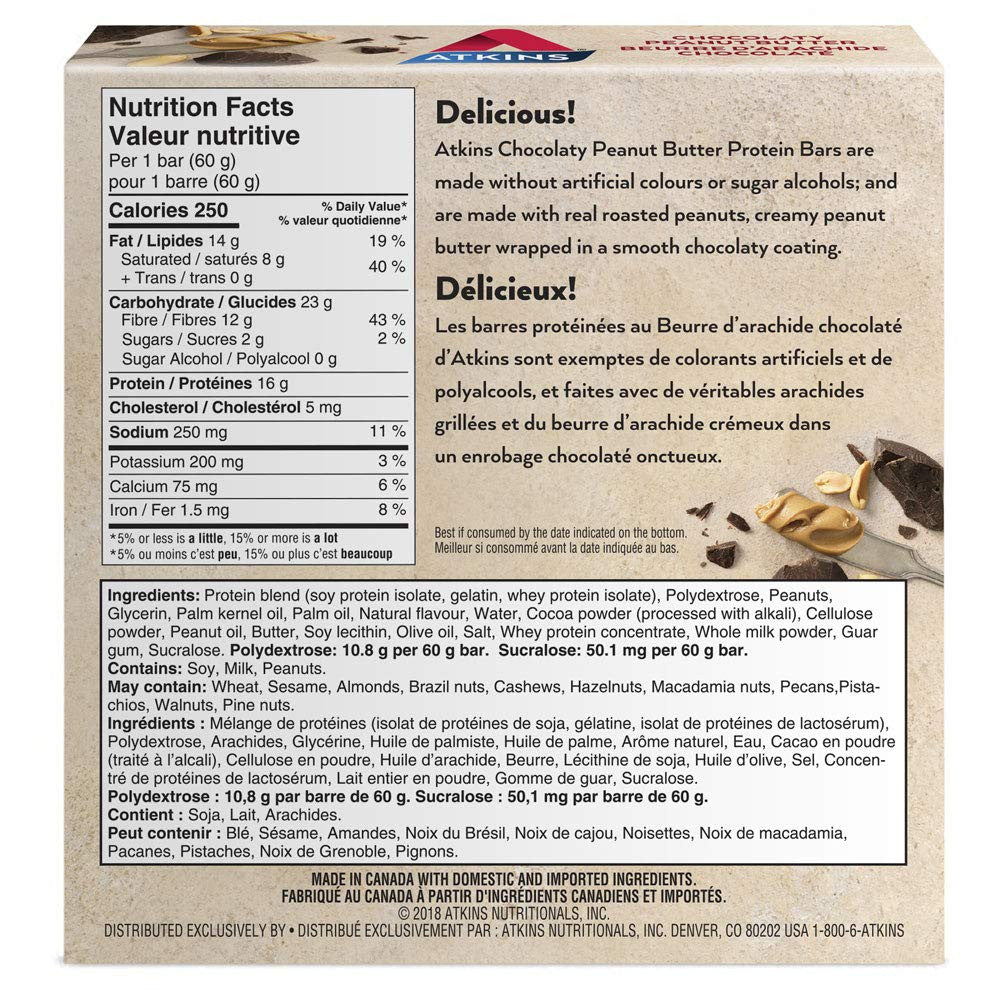 Atkins Protein Bars, Chocolaty Peanut Butter, 2g Sugar, 5-Count, {Imported from Canada}