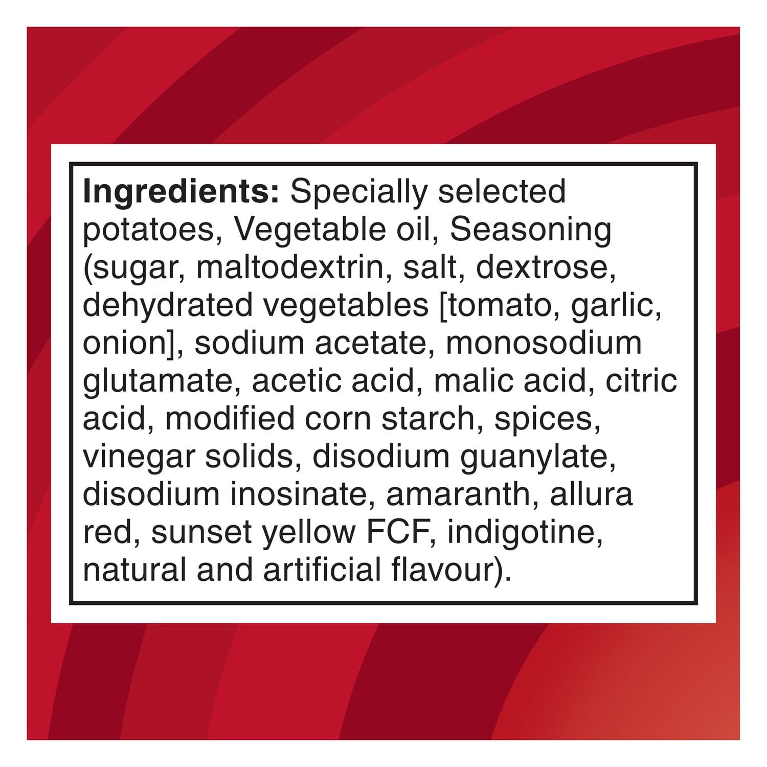 List of ingredients for Lay's Ketchup Flavored Potato Chips, 220g/7.7 oz on a red background