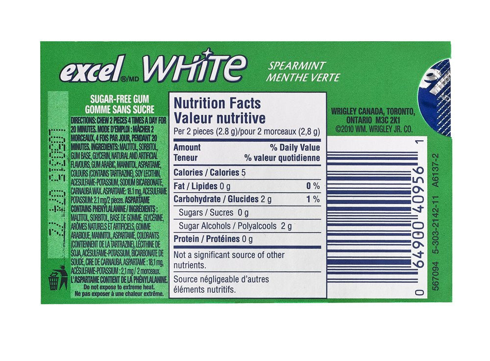 Excel White Sugar-Free Gum, Spearmint, 12 Count {Imported from Canada}