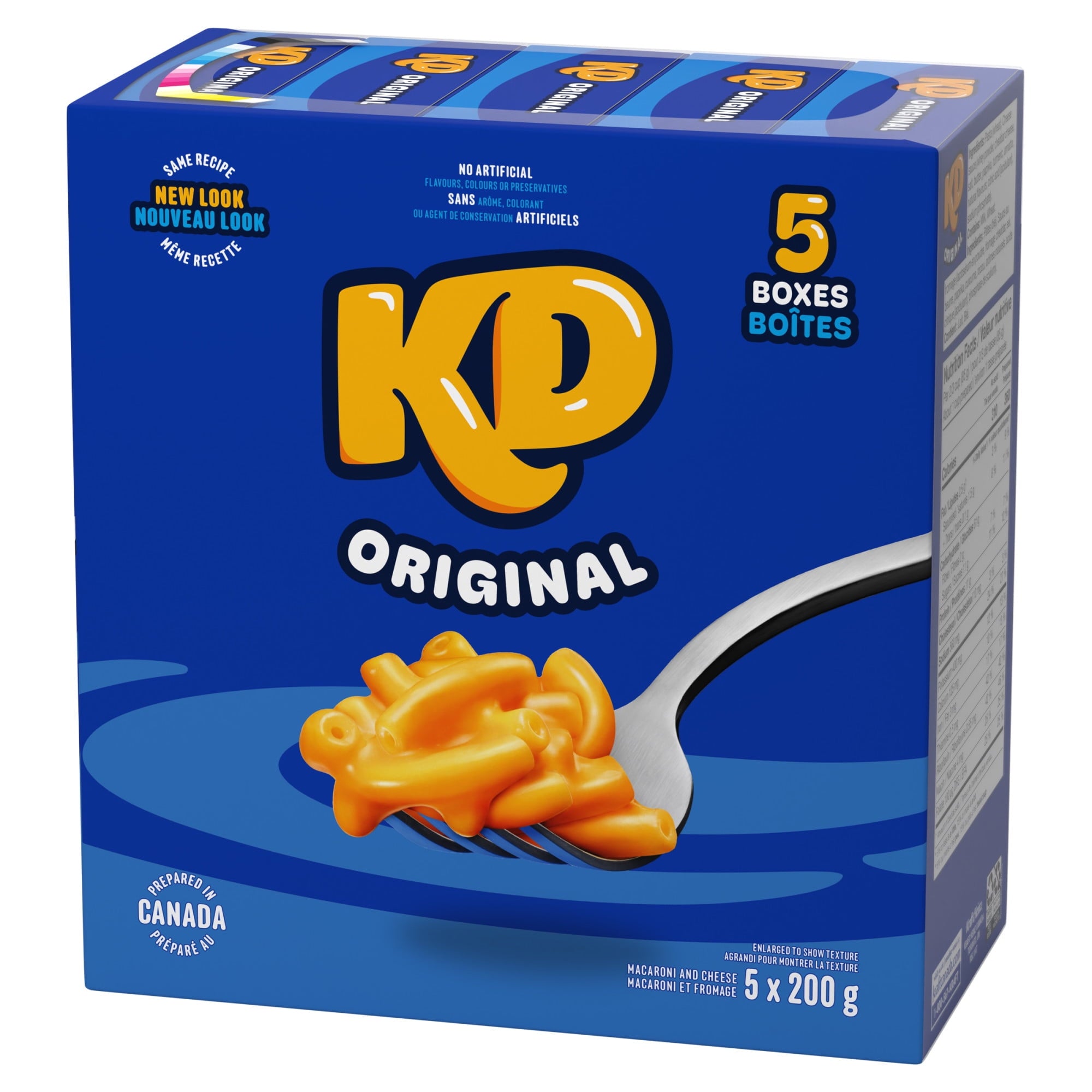 Box of KD Kraft Dinner Original Macaroni and Cheese, 5 Pack, 200g each, 1000g/35.2 oz with a forkful of pasta on a blue background