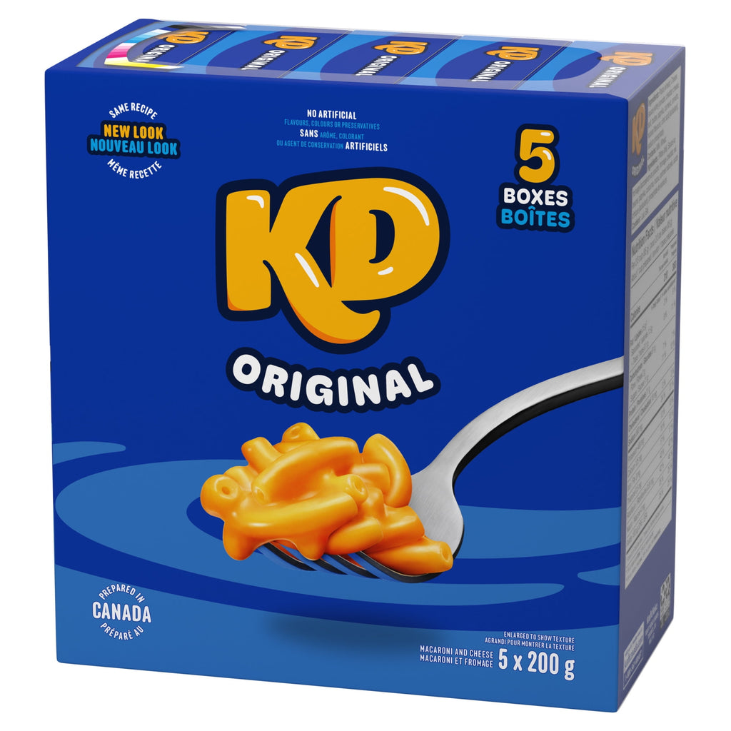 Box of KD Kraft Dinner Original Macaroni and Cheese, 5 Pack, 200g each, 1000g/35.2 oz with a forkful of pasta on a blue background