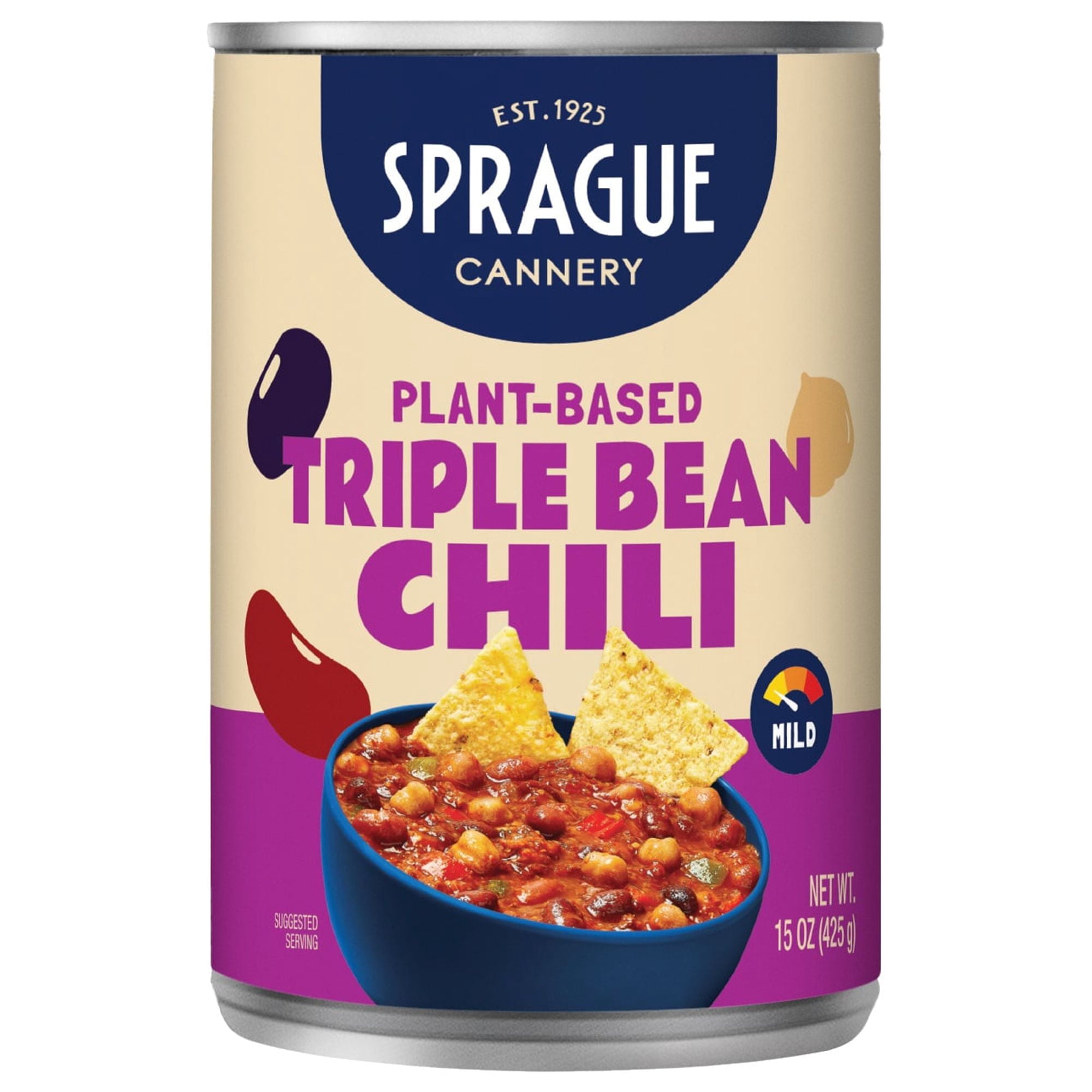 Sprague Cannery Plant-Based Triple Bean Bean Chili, Ready to Eat, 425g/15 oz., Can, front of can.